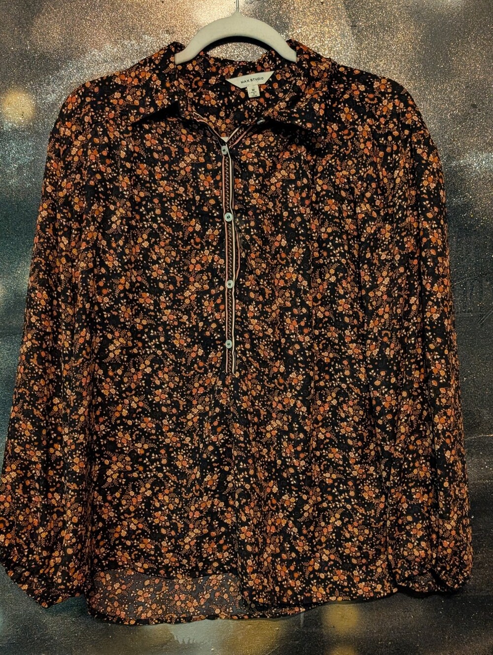 Max Studio Black Blouse with Orange Floral Print